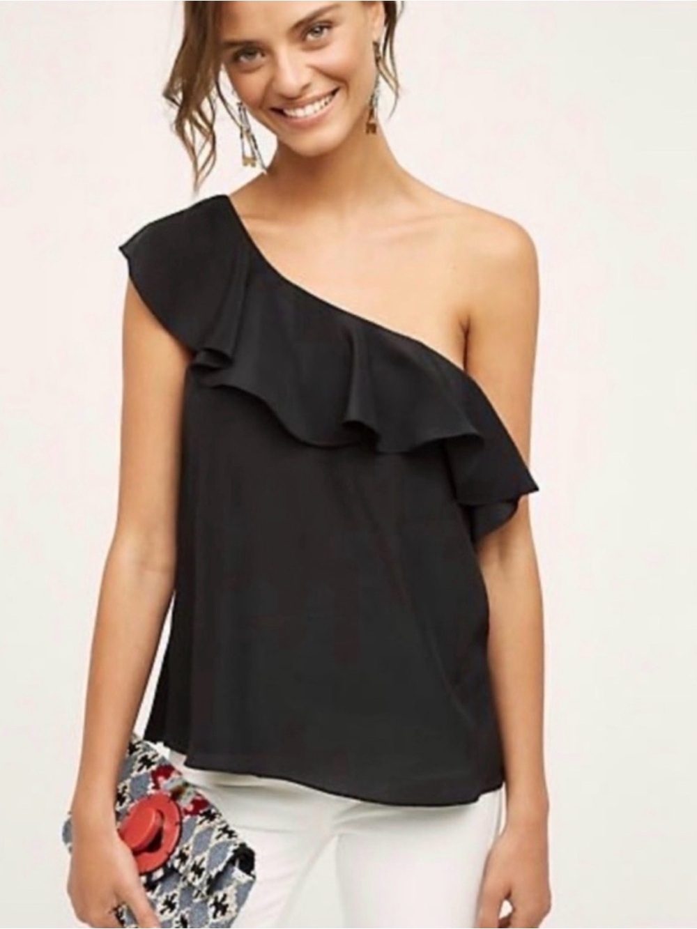 Maeve 100% Silk Black One-Shoulder Ruffle Blouse